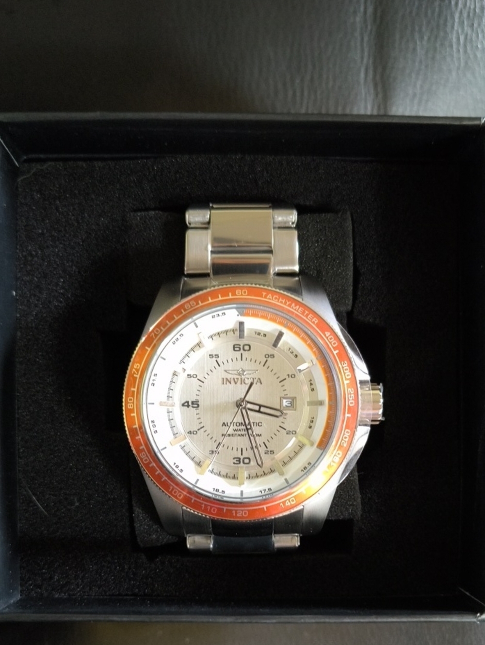 Invicta Men’s Silver Watch with Orange Bezel and Cream Dial